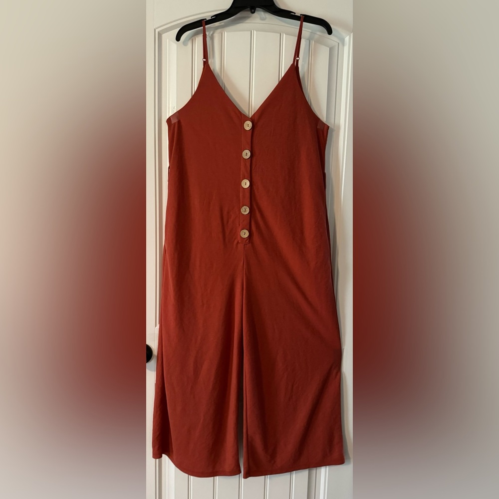 Spaghetti strap, capris length jumpsuit with button front